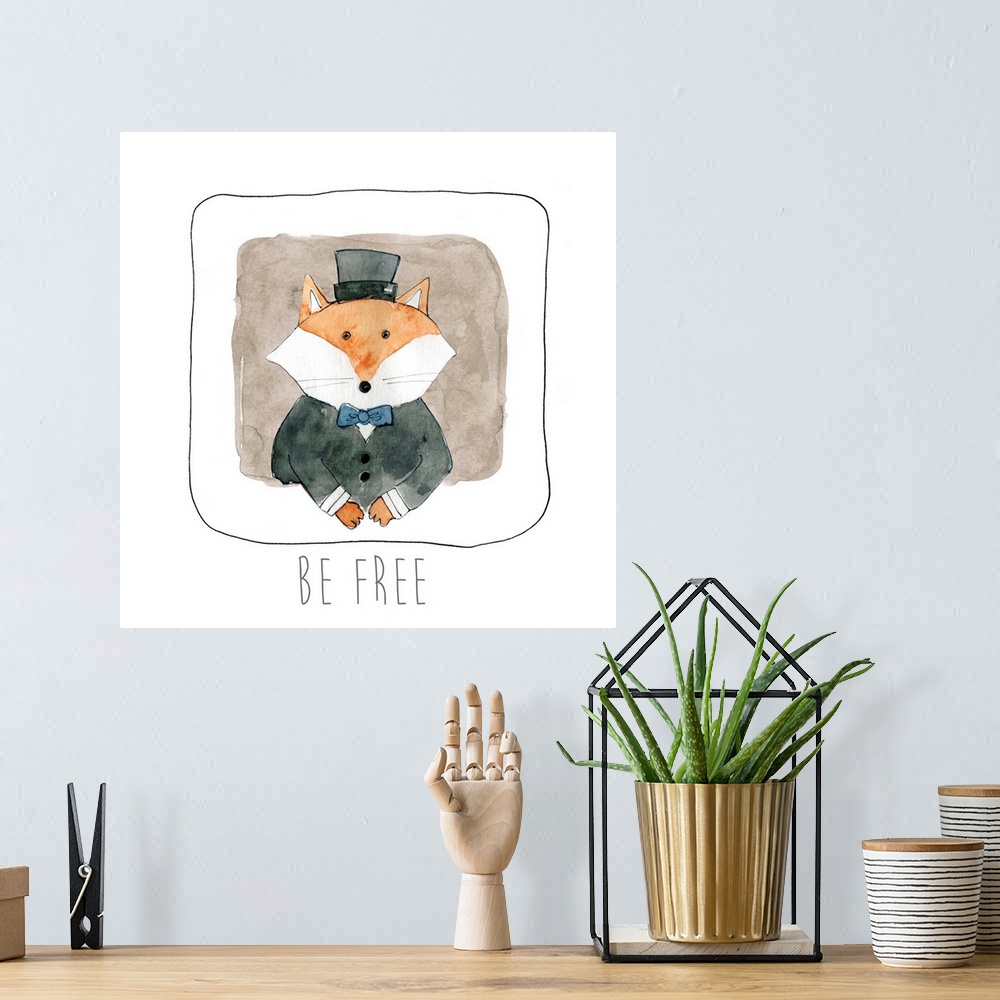 A bohemian room featuring Square whimsy watercolor painting of of fox dressed up in a black coat and top hat with the phras...