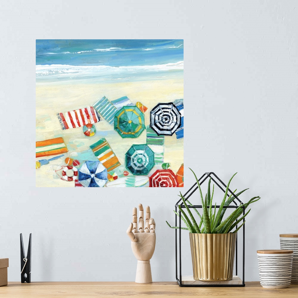 A bohemian room featuring Contemporary painting of an aerial view of umbrellas, beach blankets, and other beach accessories.