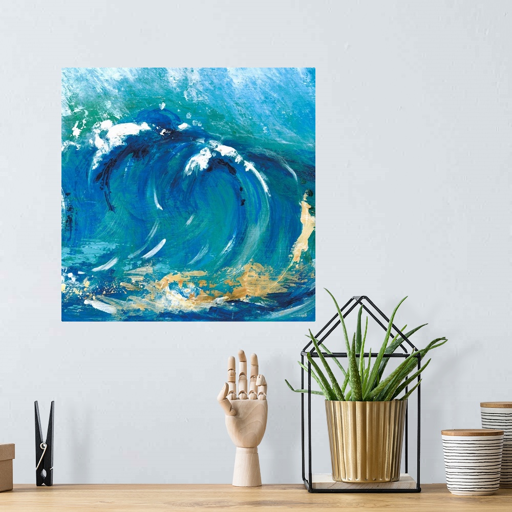 A bohemian room featuring Square painting of a big wave with metallic gold.