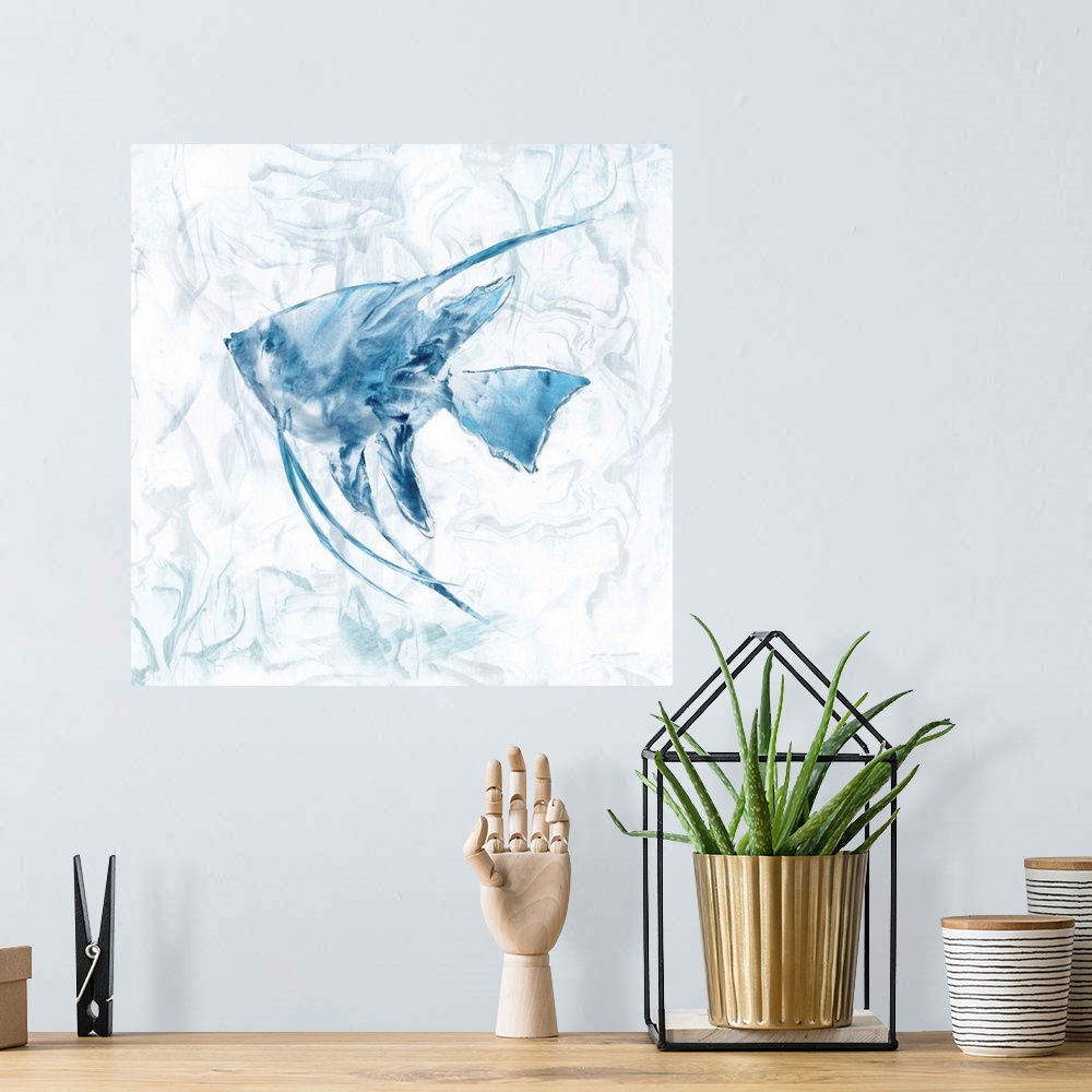 A bohemian room featuring Square beach themed painting of a blue fish with a marbled finish and background.