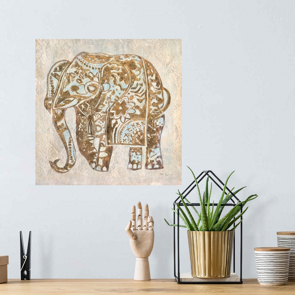A bohemian room featuring Bohemian style illustration of an elephant with floral and mandala designs.