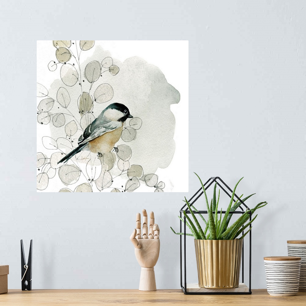 A bohemian room featuring A beautiful little watercolor painting of a small garden bird perched in a branch of silver dolla...