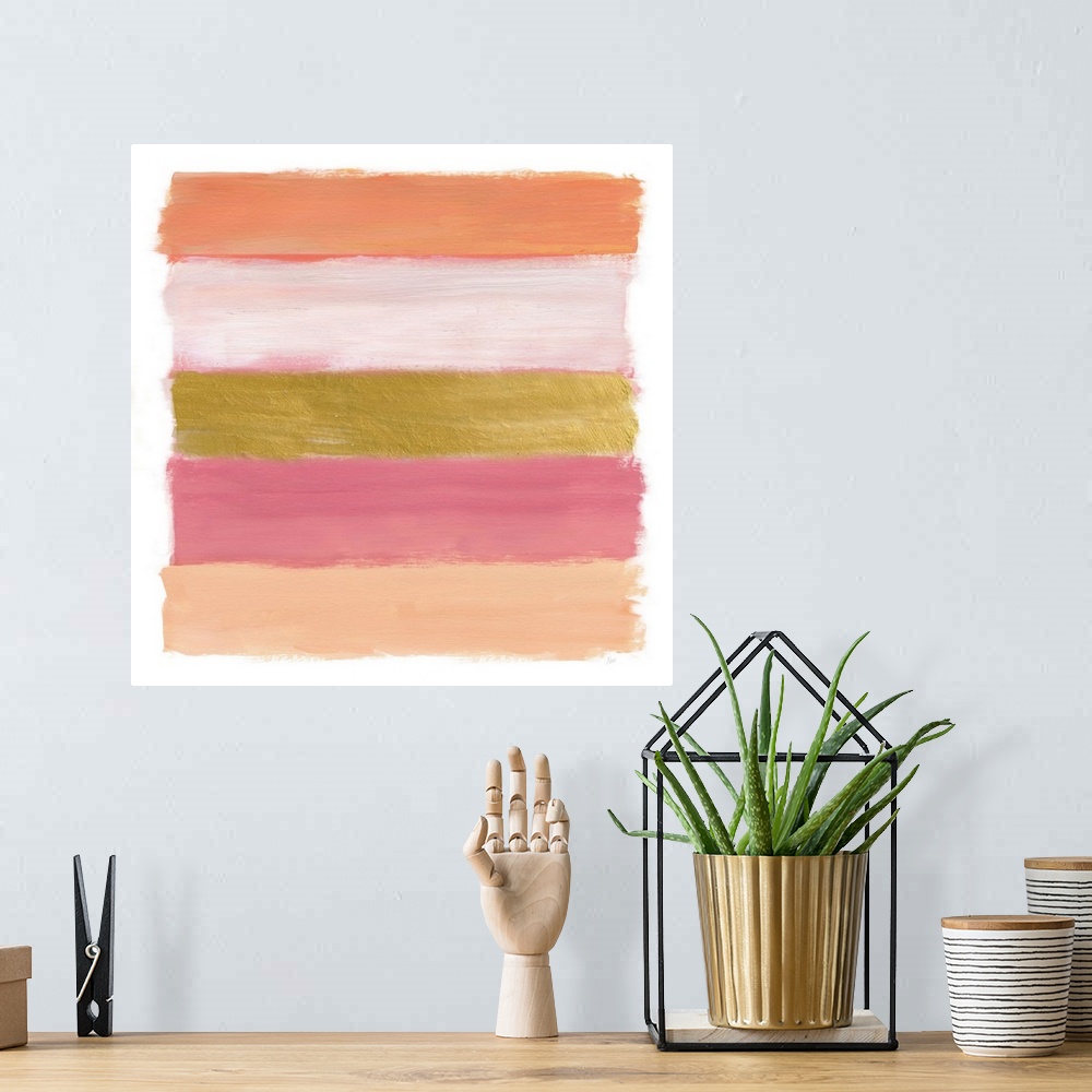 A bohemian room featuring Five horizontal brush strokes stacked on top of each other construct this horizontal abstract con...