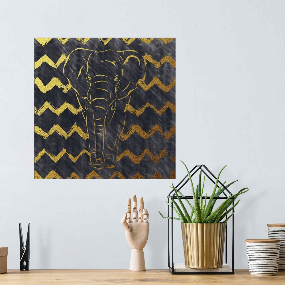 A bohemian room featuring Square illustration of an elephant in gold and black with a zig-zag design in the background.