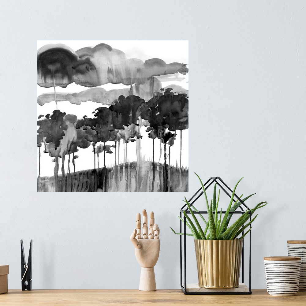 A bohemian room featuring Square watercolor painting of an abstract landscape in black and white with clouds dripping onto ...