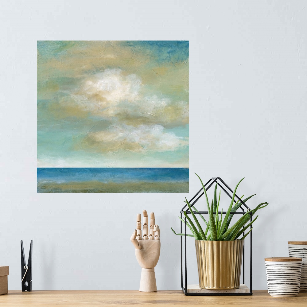 A bohemian room featuring In this contemporary painting, brisk brush strokes compose white and yellow fluffy clouds that dr...