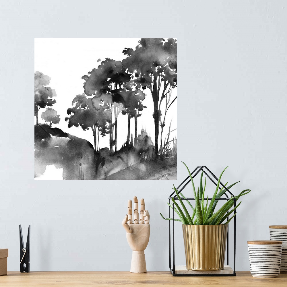 A bohemian room featuring Square watercolor painting of an abstract landscape in black and white.