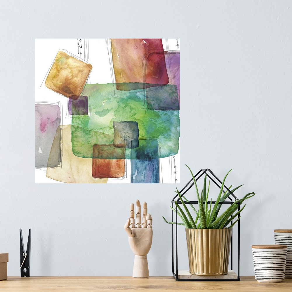A bohemian room featuring Square abstract art with colorful watercolor squares and rectangles with thin black outlining lin...