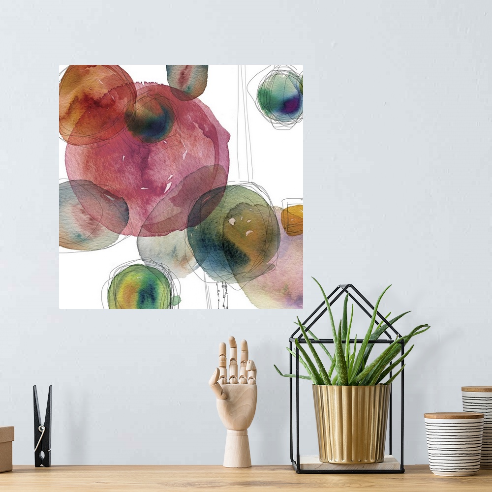 A bohemian room featuring Square abstract art with colorful watercolor circles and thin black outlining lines on a white ba...