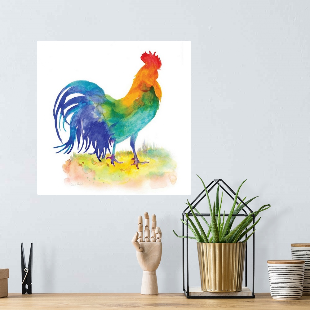 A bohemian room featuring Square watercolor painting of a rooster using all of the colors of the rainbow.