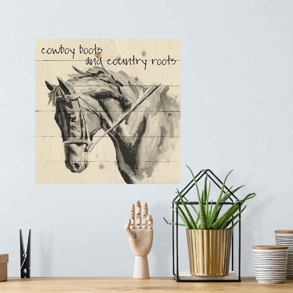 A bohemian room featuring 'Cowboy Boots and Country Roots' written on a faux wood background with an illustration of a horse.