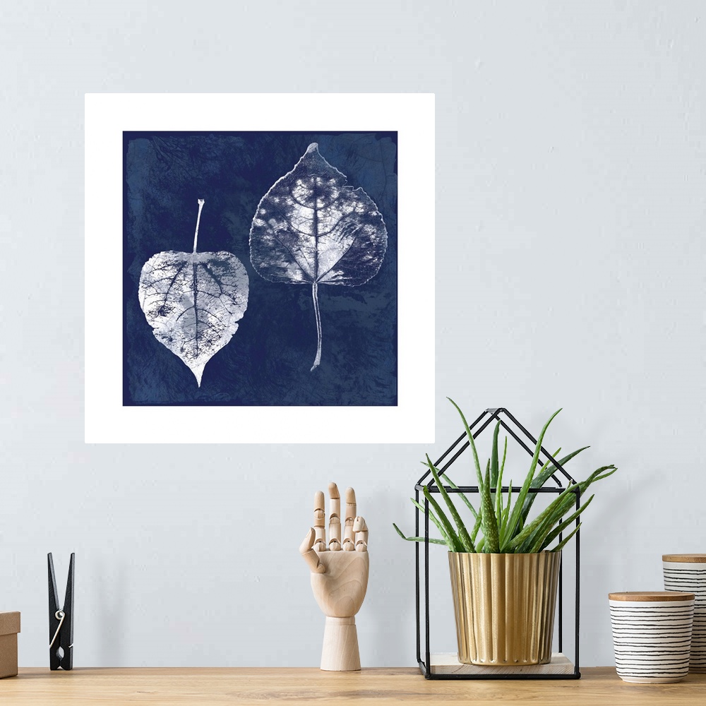 A bohemian room featuring Square cyanotype of white silhouetted leaves on an indigo background with a white boarder.
