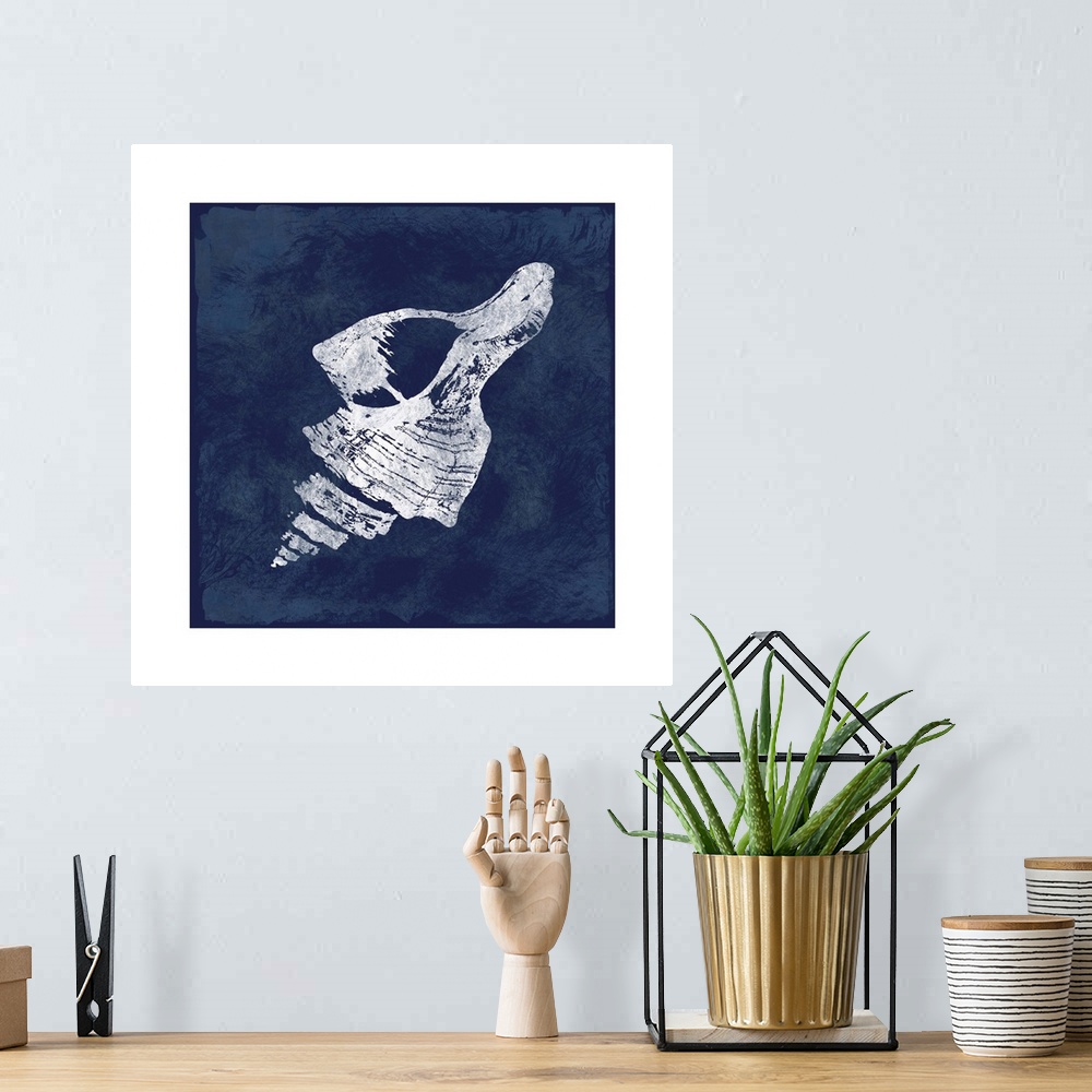 A bohemian room featuring Square cyanotype of a white silhouetted seashell on an indigo background with a white boarder.