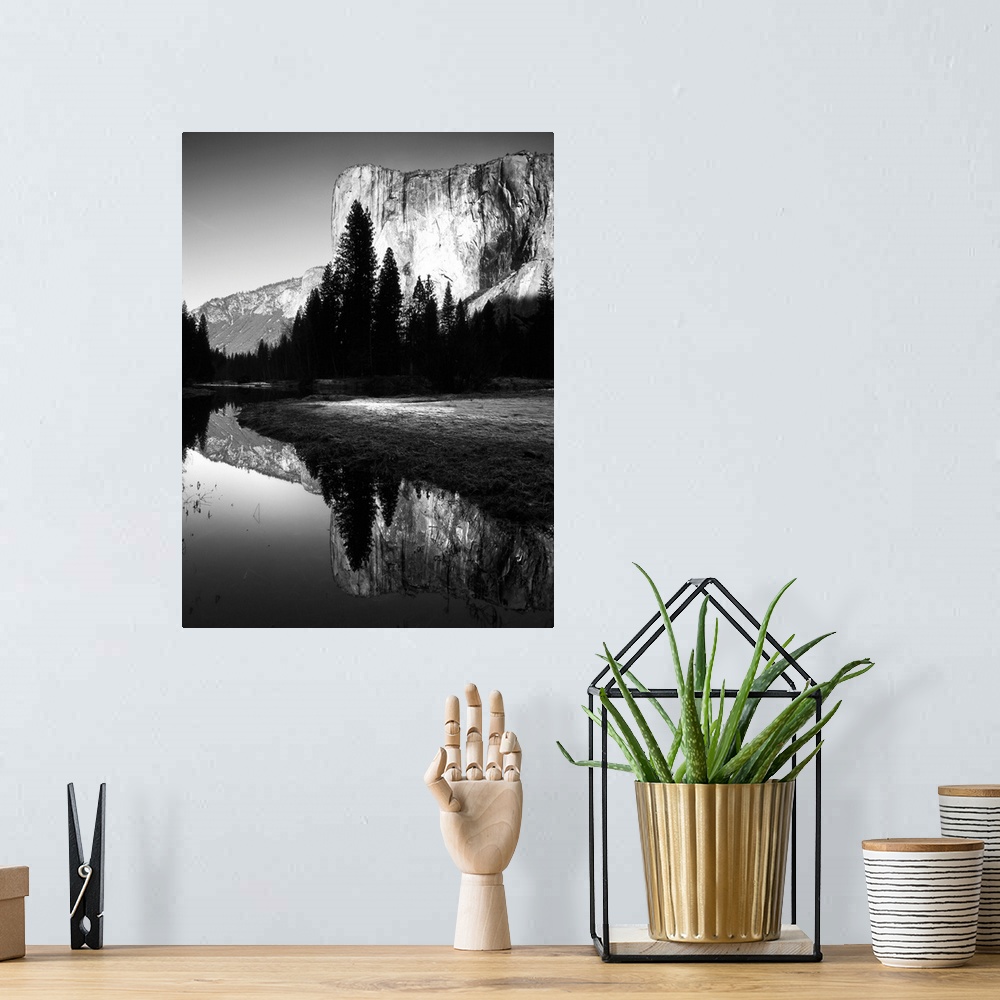 A bohemian room featuring Black and white photo of a cliffside behind dark trees in Yosemite.