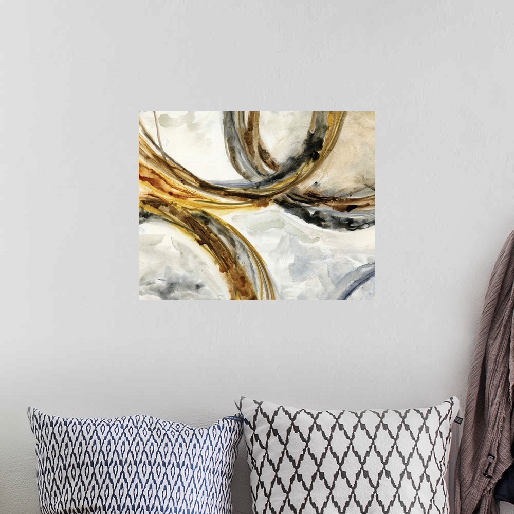 A bohemian room featuring Abstract watercolor painting with gold, black, and brown rings intertwining on a background made ...