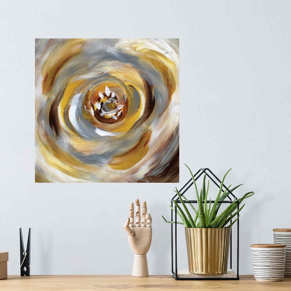 A bohemian room featuring Square painting of a large abstract flower consuming the entire canvas in gold, gray, white, and ...