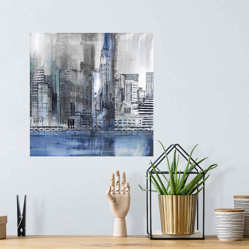A bohemian room featuring Square abstract painting of part of the New York City skyline, highlighting the Empire State Buil...
