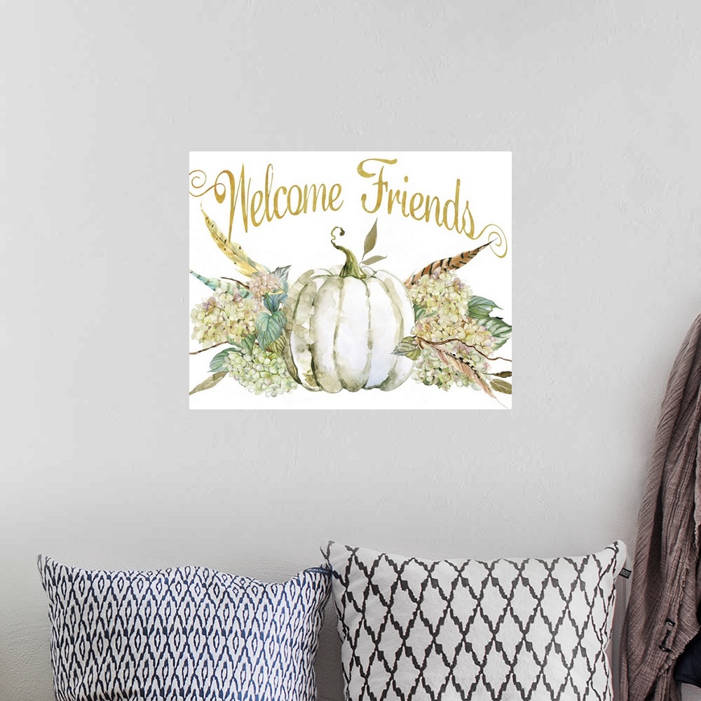 A bohemian room featuring Seasonal decor with painted hydrangeas, feathers, and a white pumpkin with "Welcome Friends" writ...