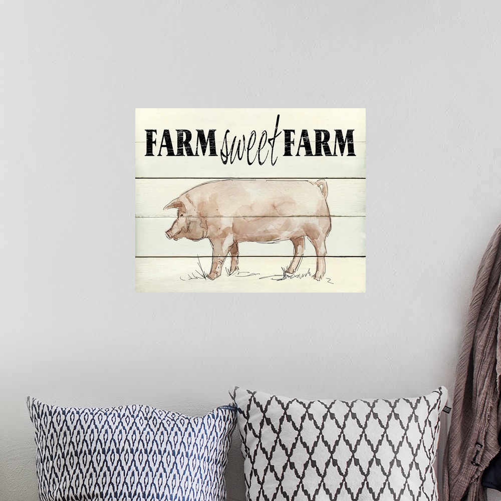 A bohemian room featuring "Farm Sweet Farm" written on the top of a faux wood background with a painting of a pig at the bo...