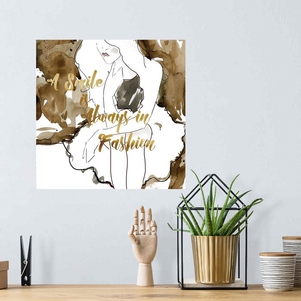 A bohemian room featuring Square watercolor sketch of a woman sitting with a brown and white background and the phrase "A S...