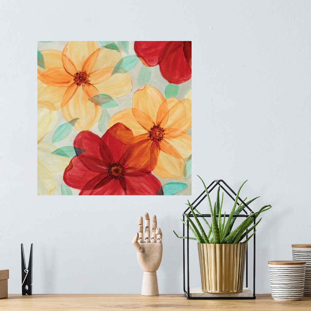 A bohemian room featuring Watercolor artwork of flowers in sunny shades of red and orange.