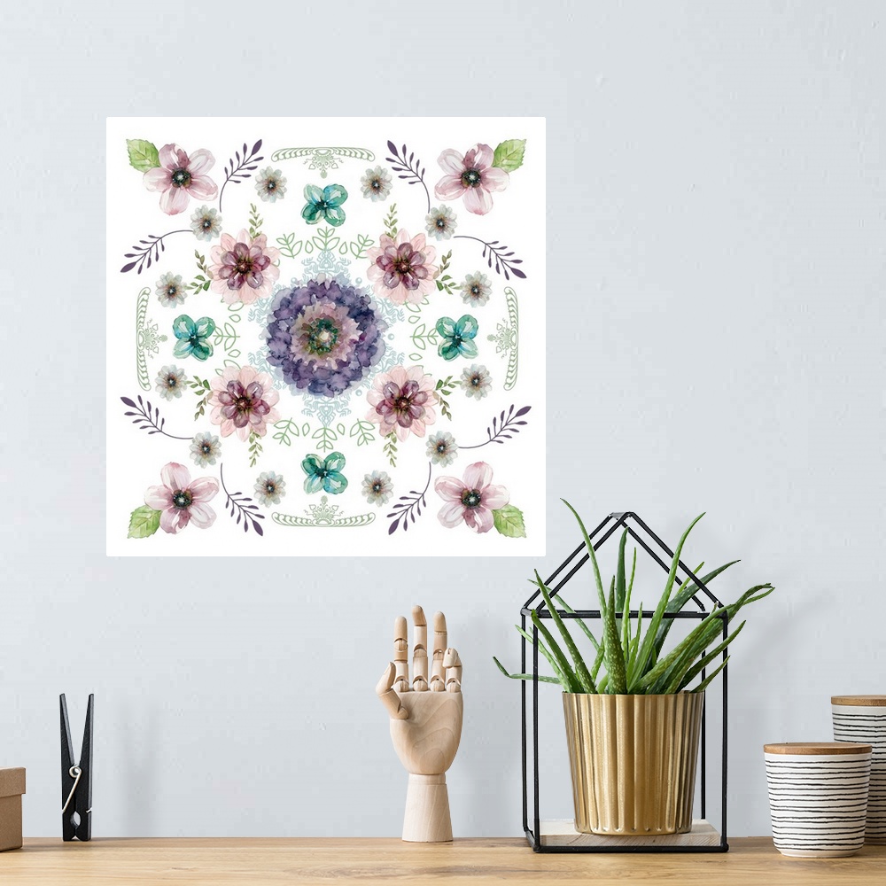 A bohemian room featuring Kaleidoscopic artwork made with watercolor florals and leaves.