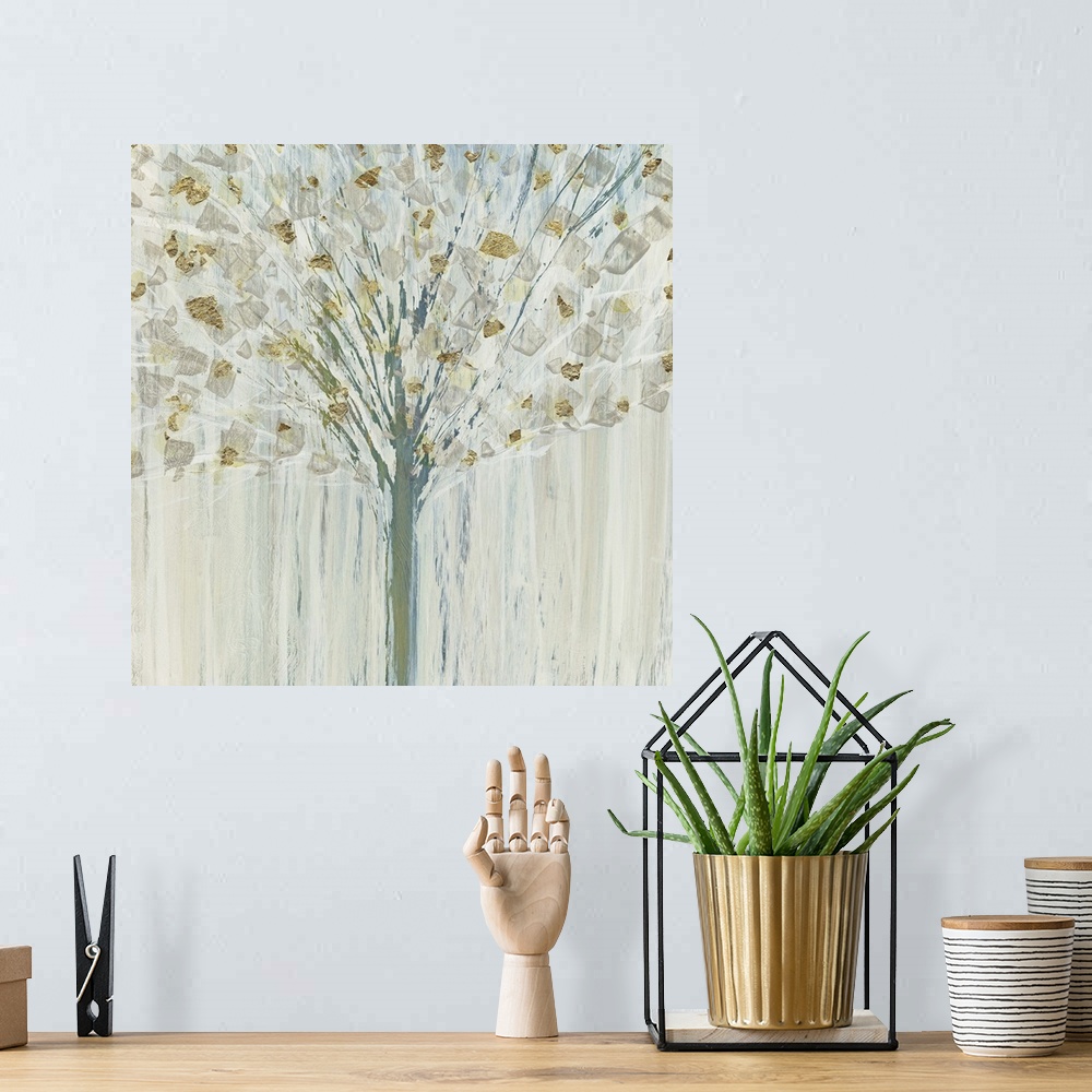 A bohemian room featuring A contemporary abstract painting of a winter tree with small silver and gold brushstrokes resembl...