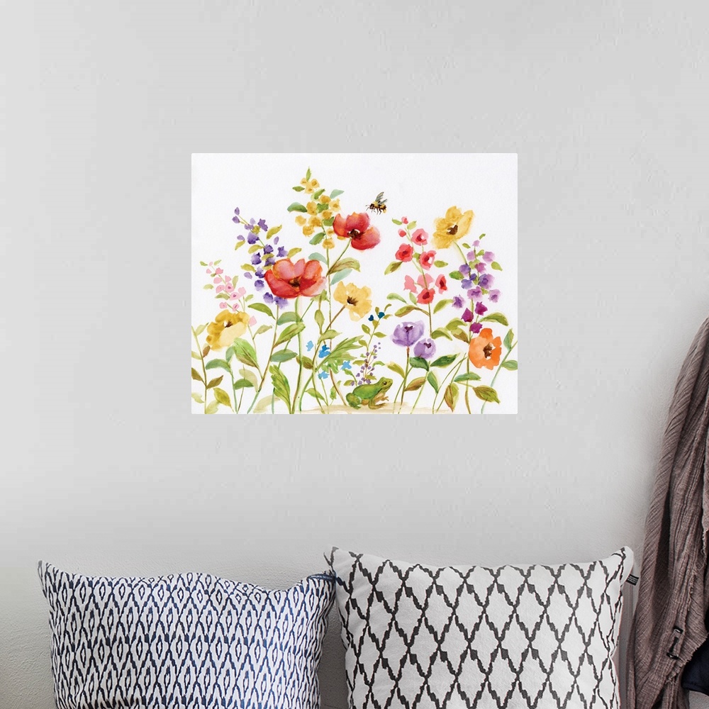 A bohemian room featuring A bed of watercolor flowers are accompanied by a frog and bumble bee.