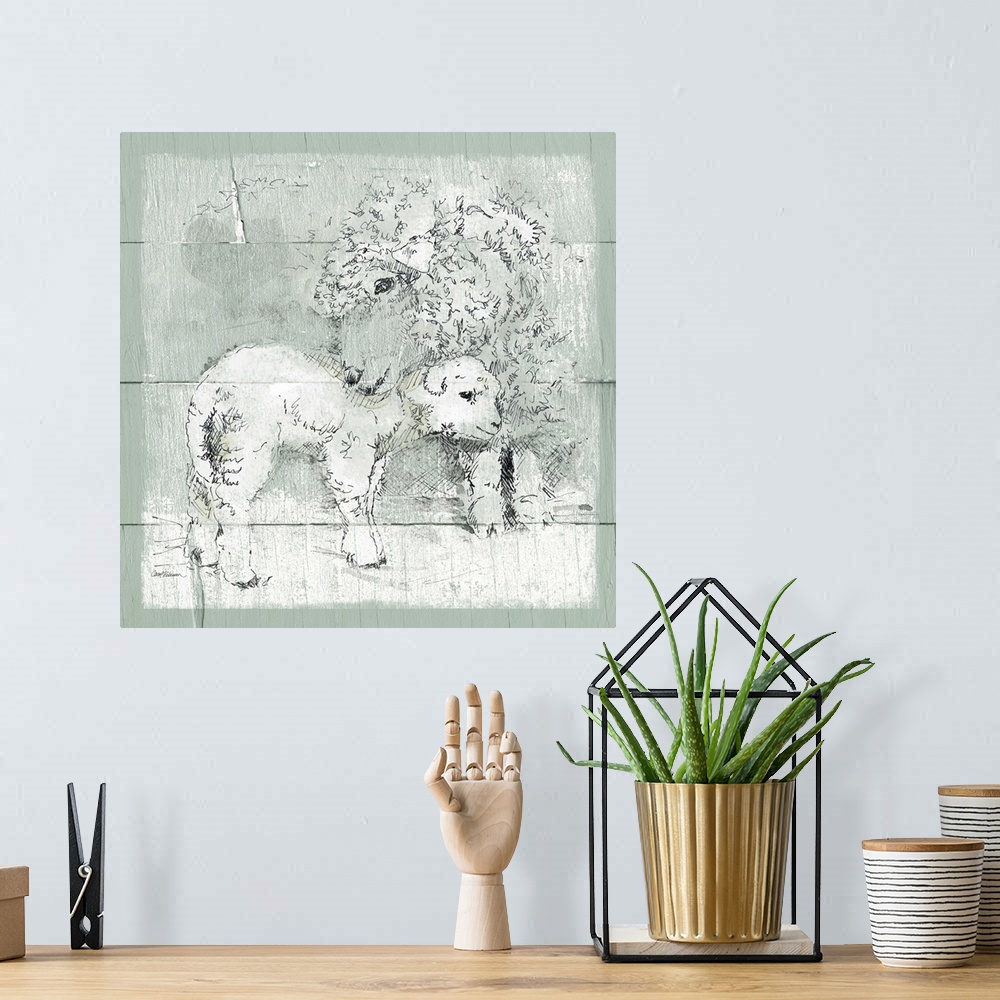 A bohemian room featuring Drawing of a sheep and her lamb on a green wooden background.