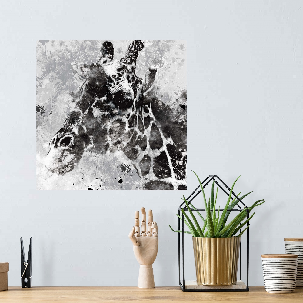 A bohemian room featuring Contemporary artwork of a giraffe against a textured looking background with an overall grungy an...