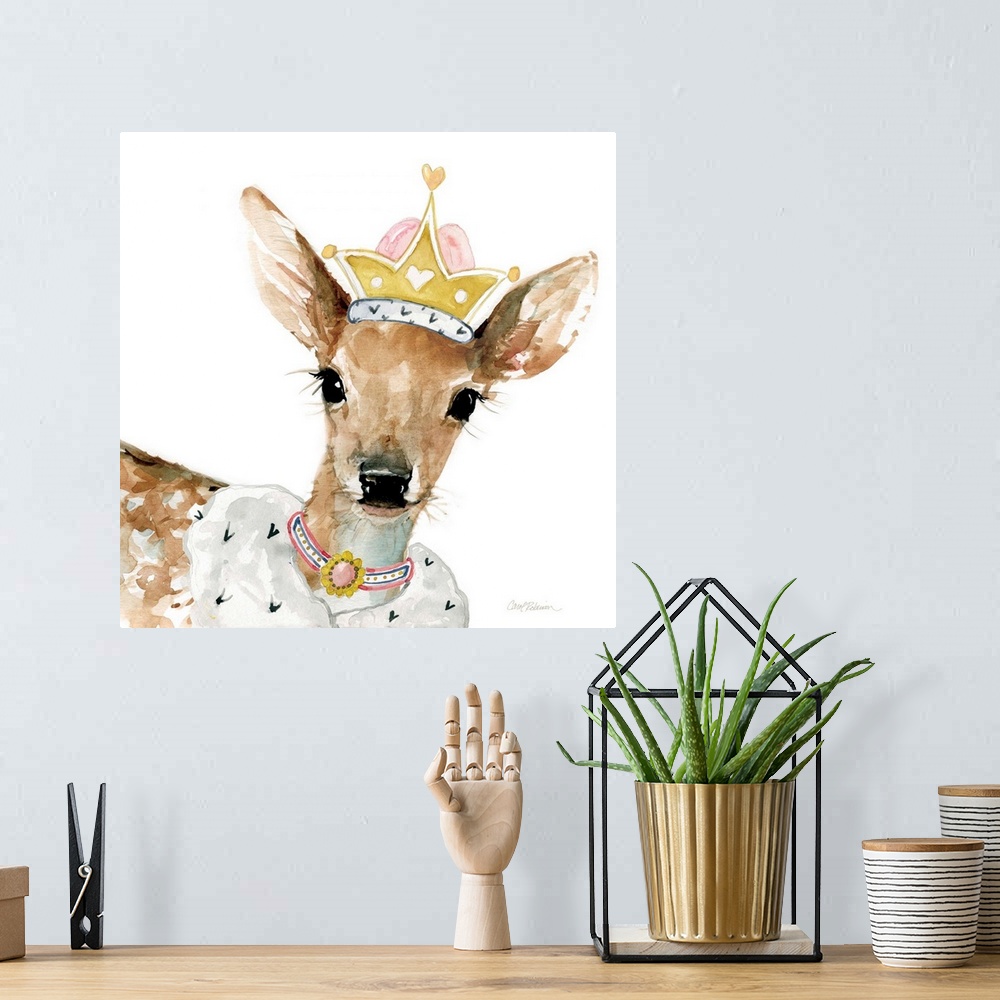 A bohemian room featuring Cute watercolor painting of a fawn wearing a princess crown and jewels on a solid white, square b...