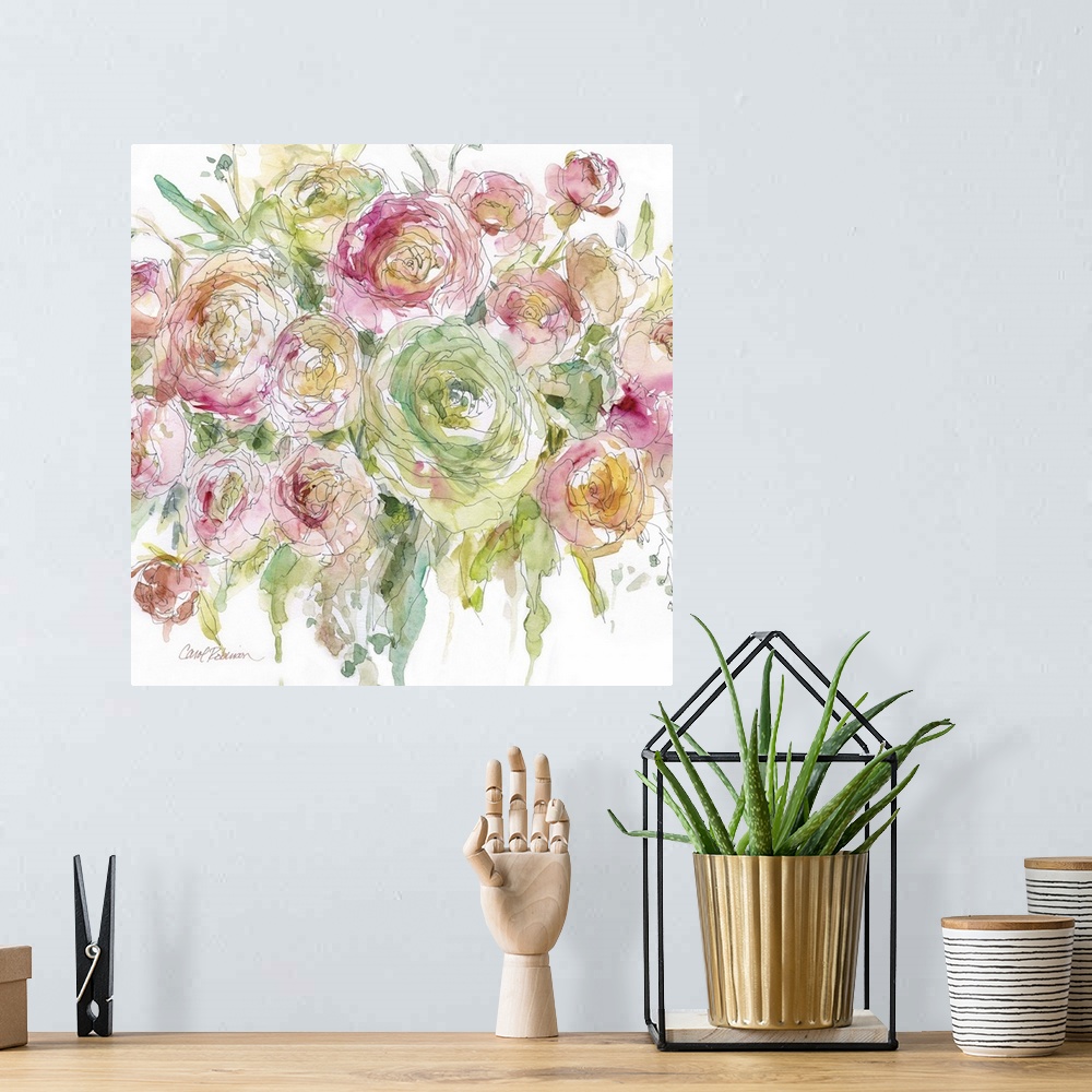 A bohemian room featuring A watercolor painting of a bouquet of flowers.
