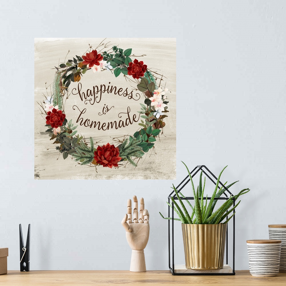 A bohemian room featuring A wreath of red succulents, flowers and various foliage  surround the words, "Happiness is homema...
