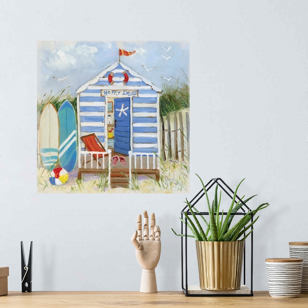 A bohemian room featuring Square painting of a blue and white striped beach hut with surf boards, a beach ball, and sandals...