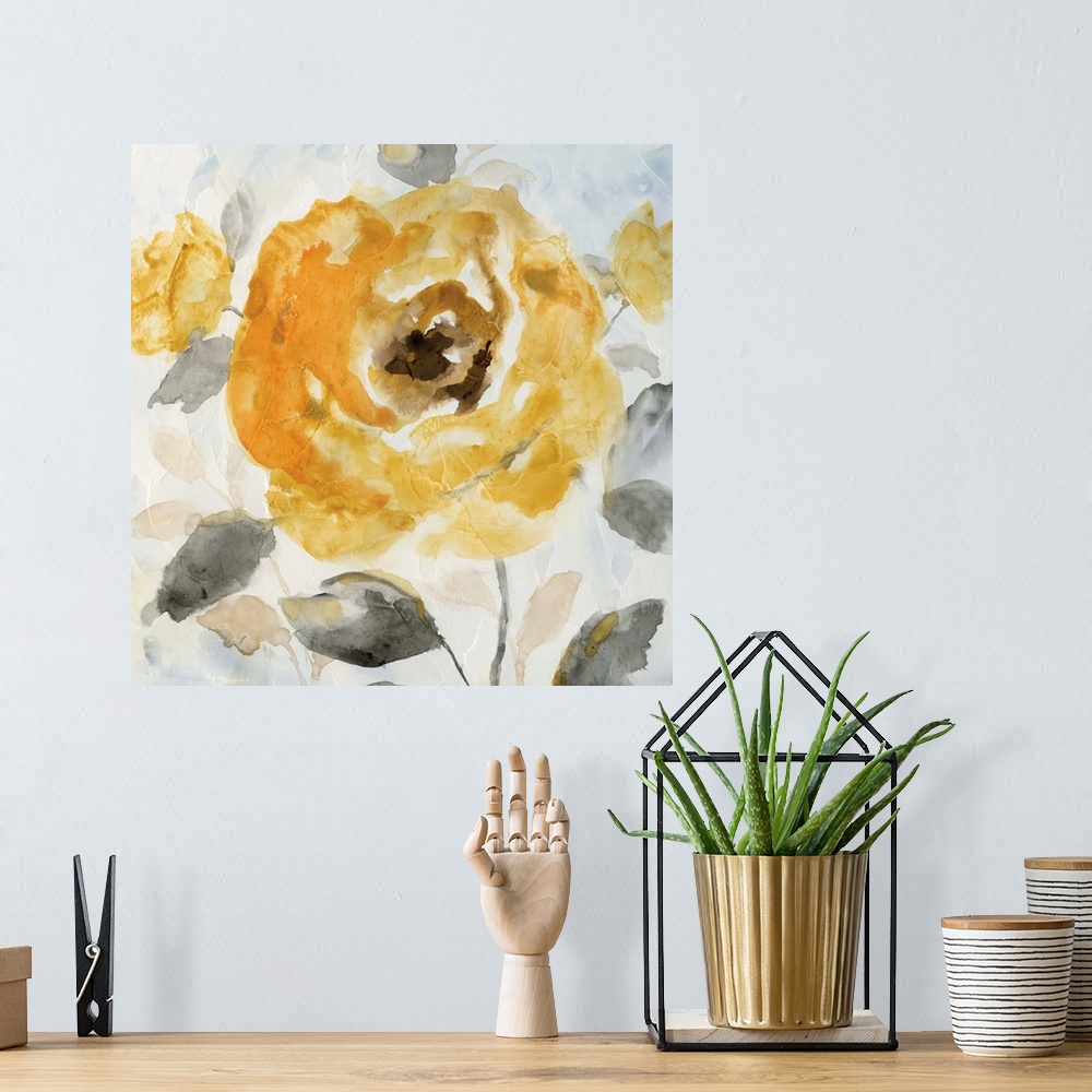 A bohemian room featuring Contemporary painting of a deep yellow flower with grey leaves.
