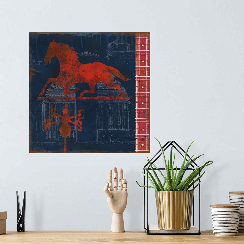 A bohemian room featuring Square red, white, and blue folk art with a red horse weather vane on top of white sketches of a ...