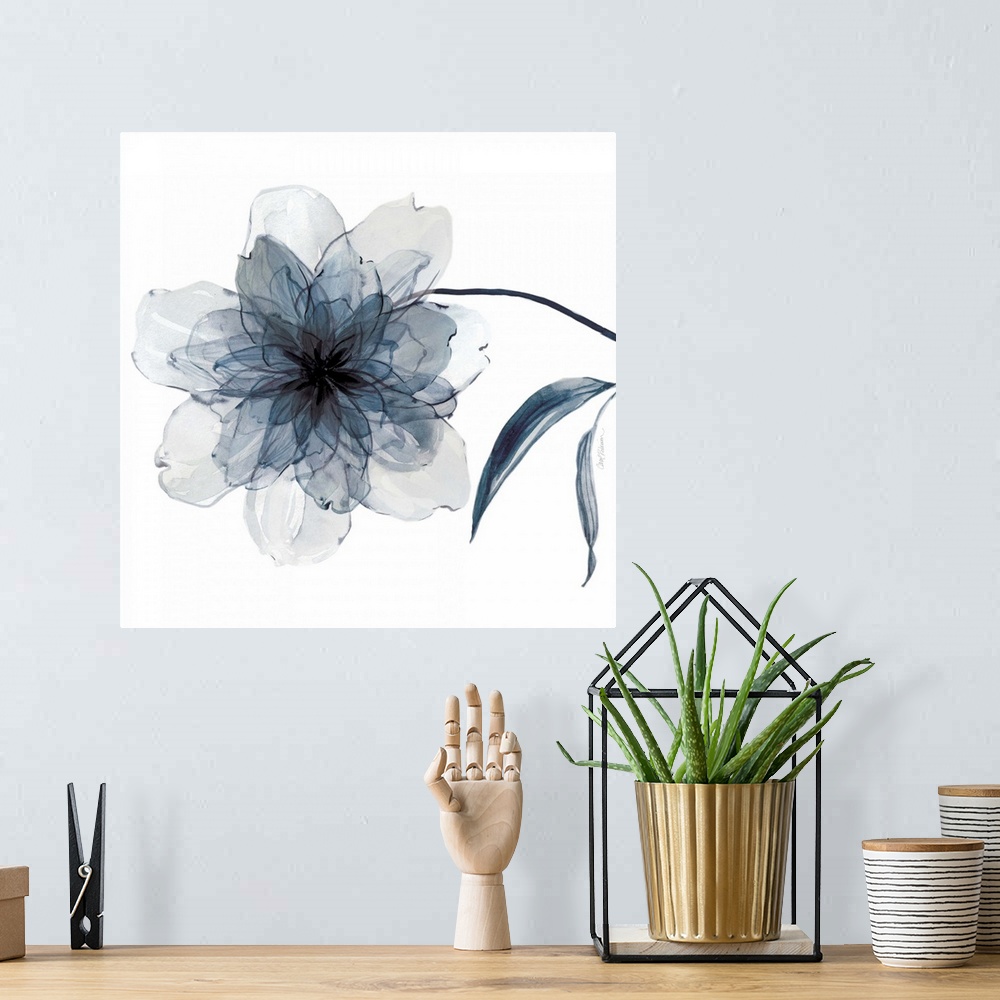 A bohemian room featuring Square watercolor painting of an indigo flower.