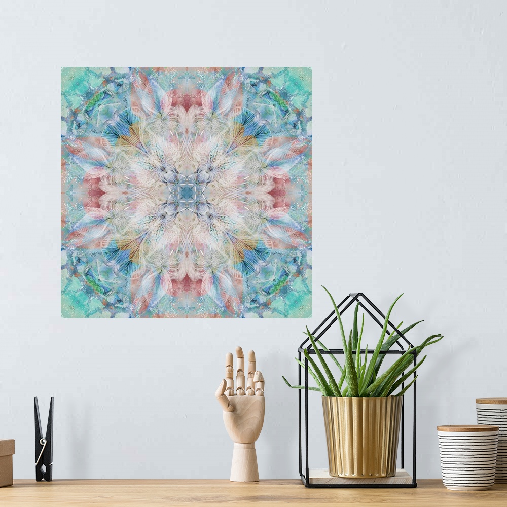 A bohemian room featuring Kaleidoscope style abstract with feathers and shapes in blue, green, pink, orange, cream, and gol...
