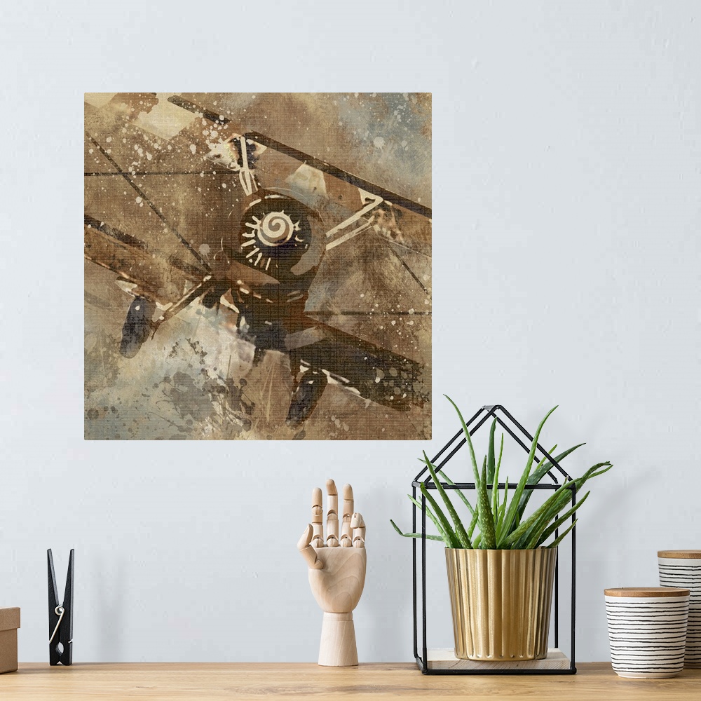 A bohemian room featuring Contemporary artwork of an airplane with an overall grungy and distressed look to it.