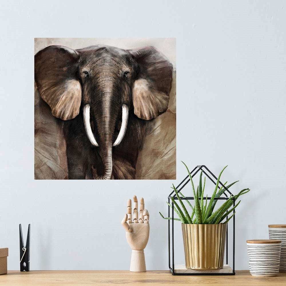 A bohemian room featuring Contemporary painting of an elephant on a square canvas.