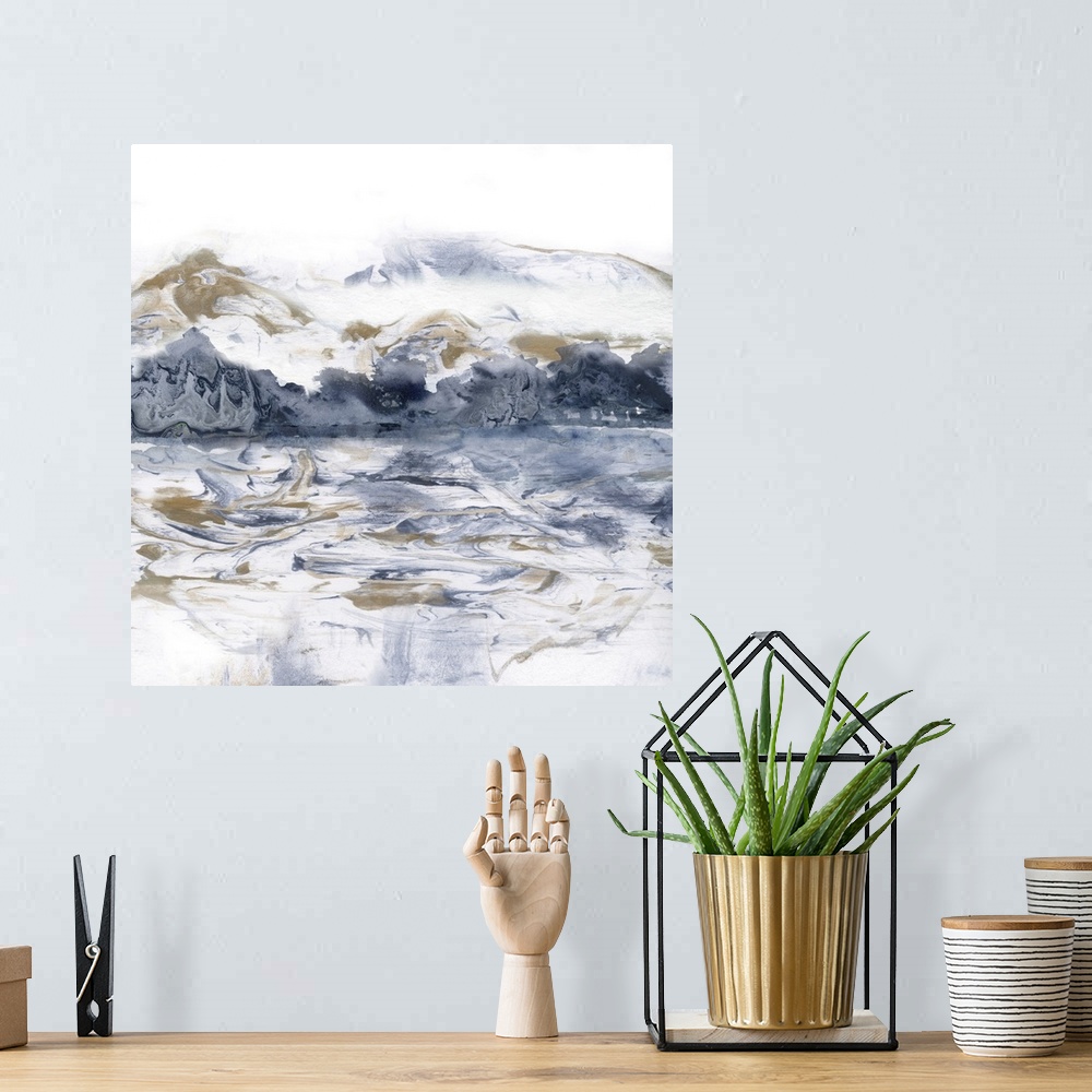 A bohemian room featuring Abstract landscape with marbling indigo, gold, and white hues on a square background.