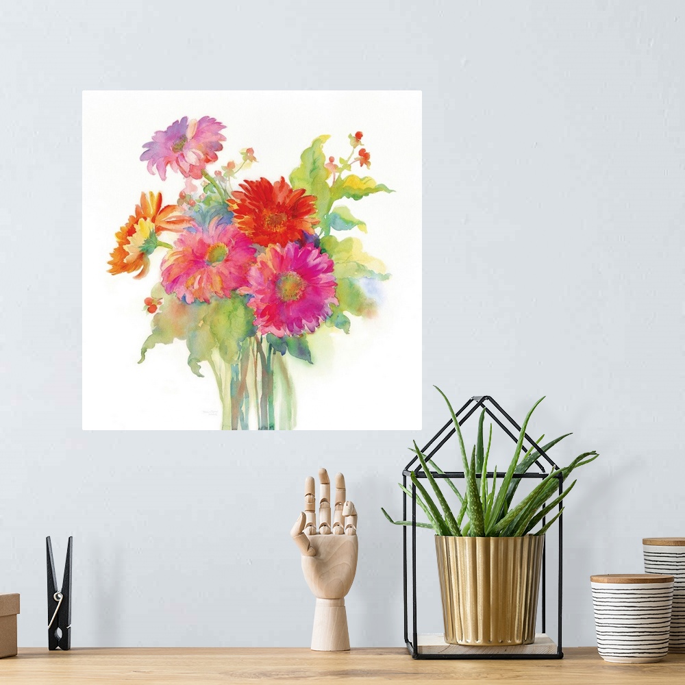 A bohemian room featuring Watercolor painting of a springtime bouquet.