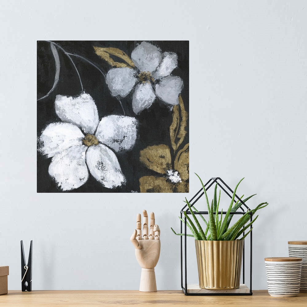 A bohemian room featuring Flowers of a gold metallic color and white stand out against a black backdrop in this painting.