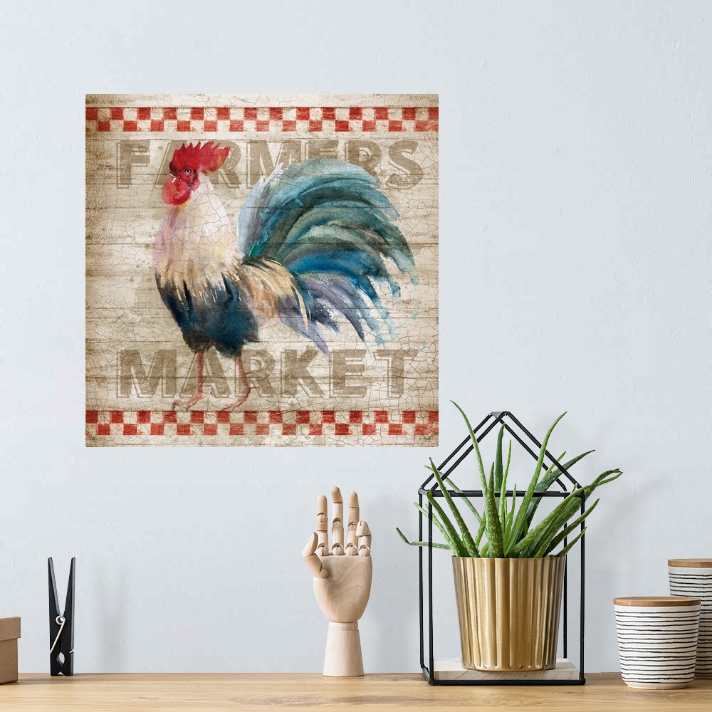 A bohemian room featuring Square kitchen art with a watercolor rooster painted on a sign that reads "Farmers Market" in the...