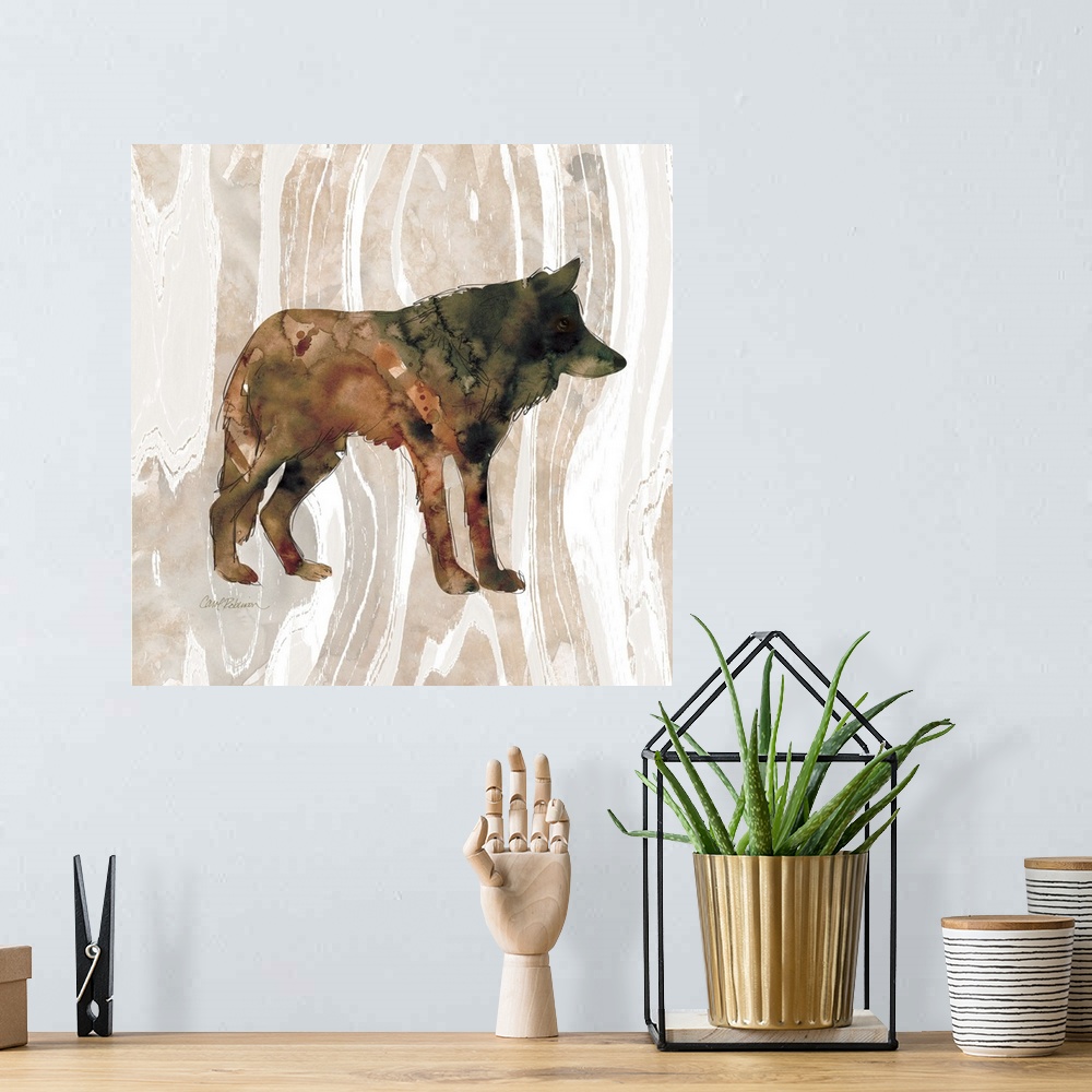 A bohemian room featuring Watercolor silhouette of a wolf on a wood-grain pattern.