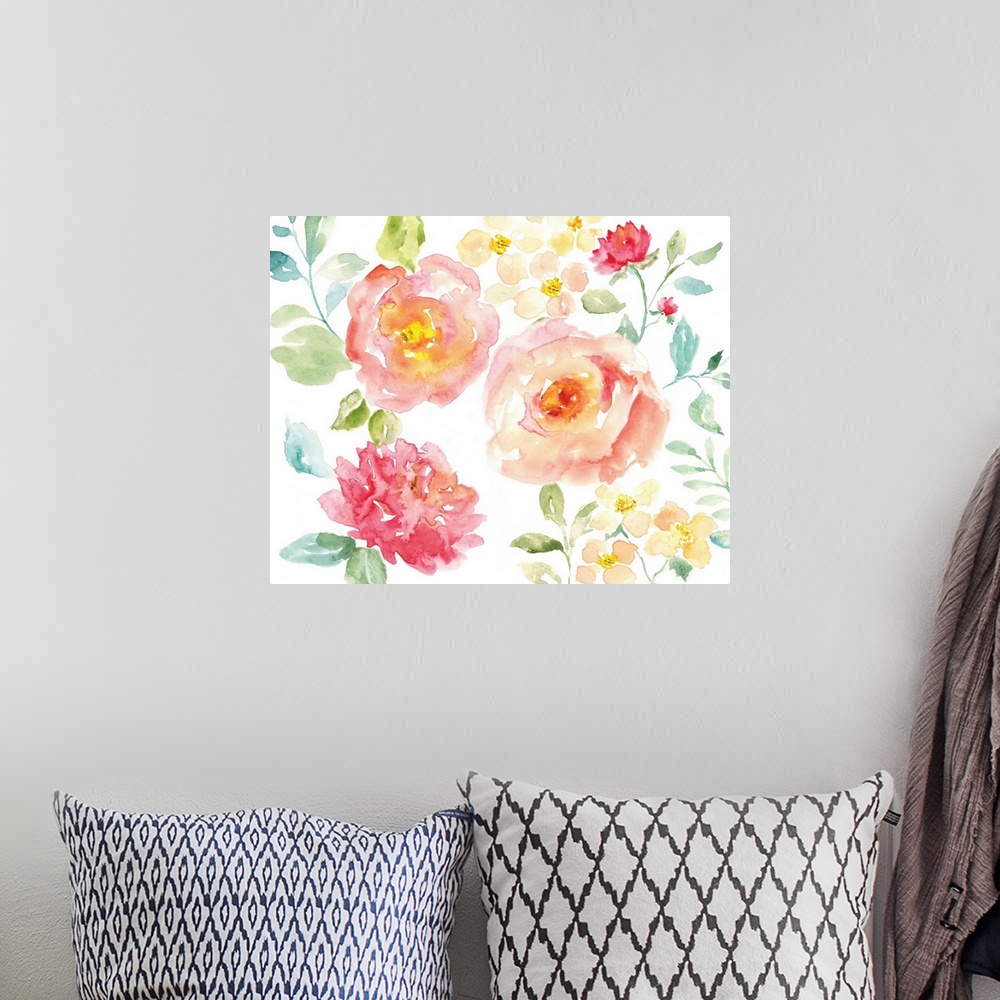 A bohemian room featuring Large watercolor painting of pink flowers with green and blue toned leaves and stems on a white b...