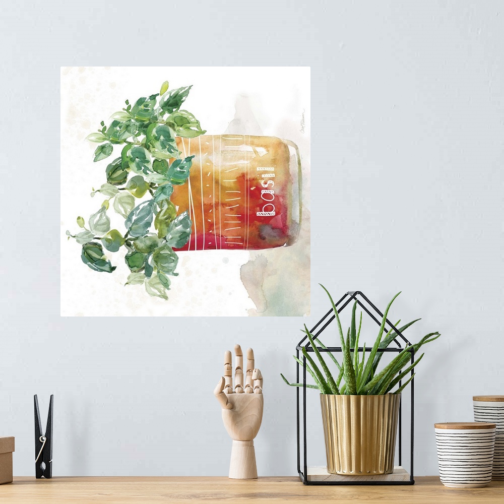 A bohemian room featuring Square watercolor painting of a potted basil plant.