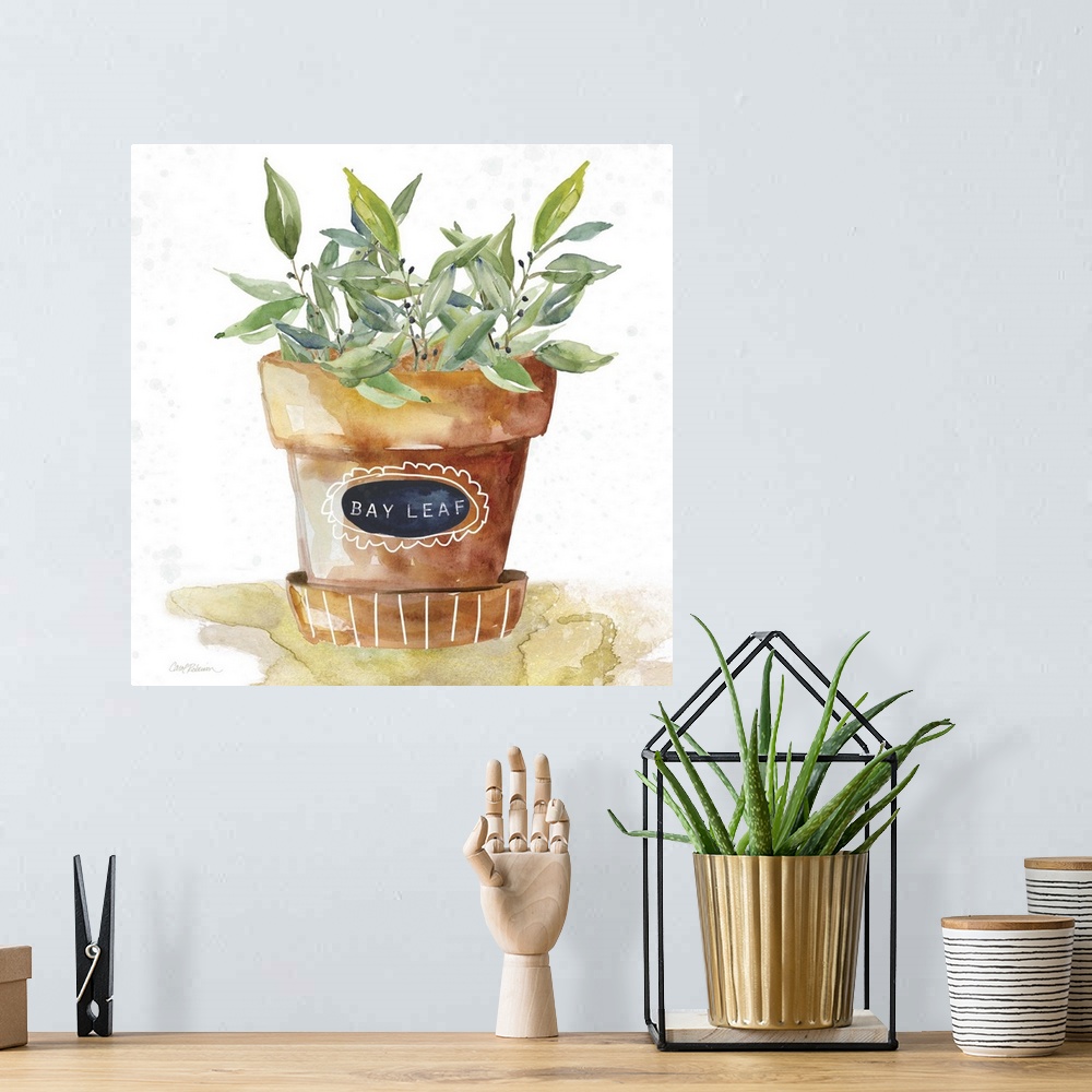 A bohemian room featuring Square watercolor painting of a potted bay leaf plant.