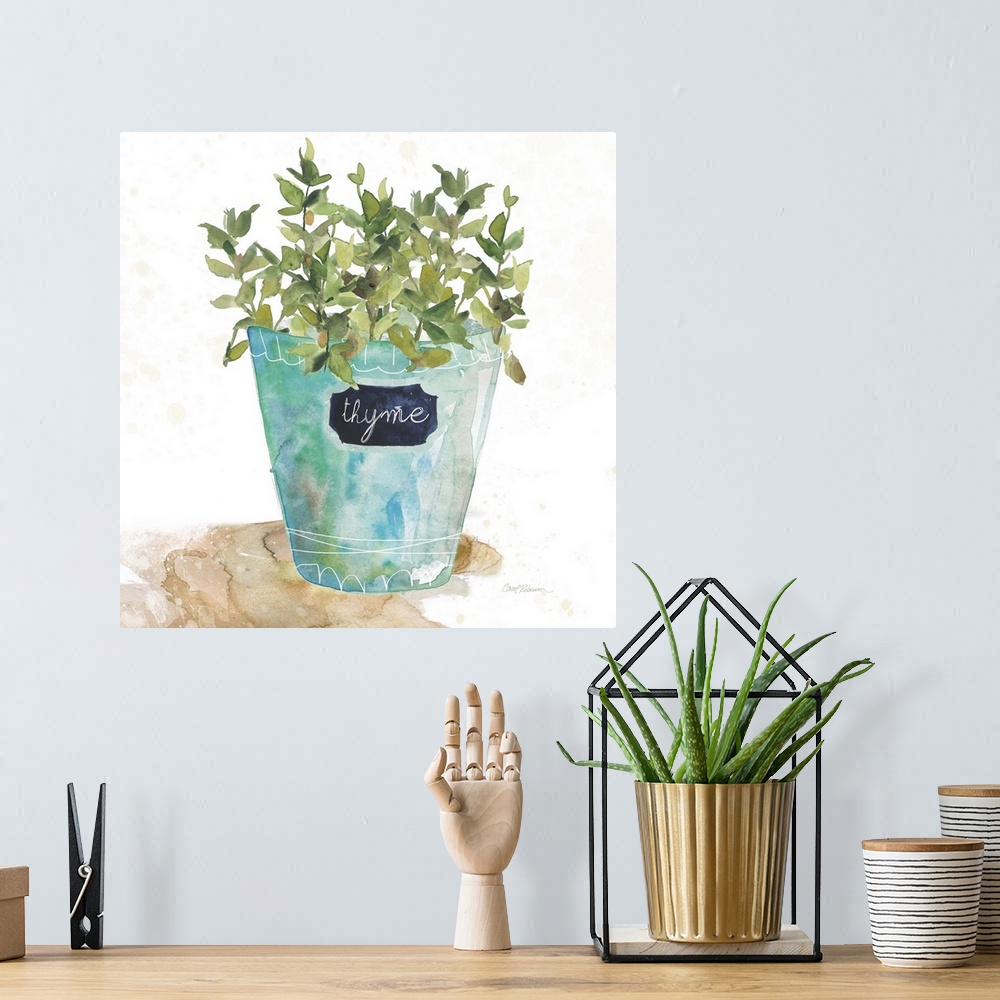 A bohemian room featuring Square watercolor painting of a potted thyme plant.