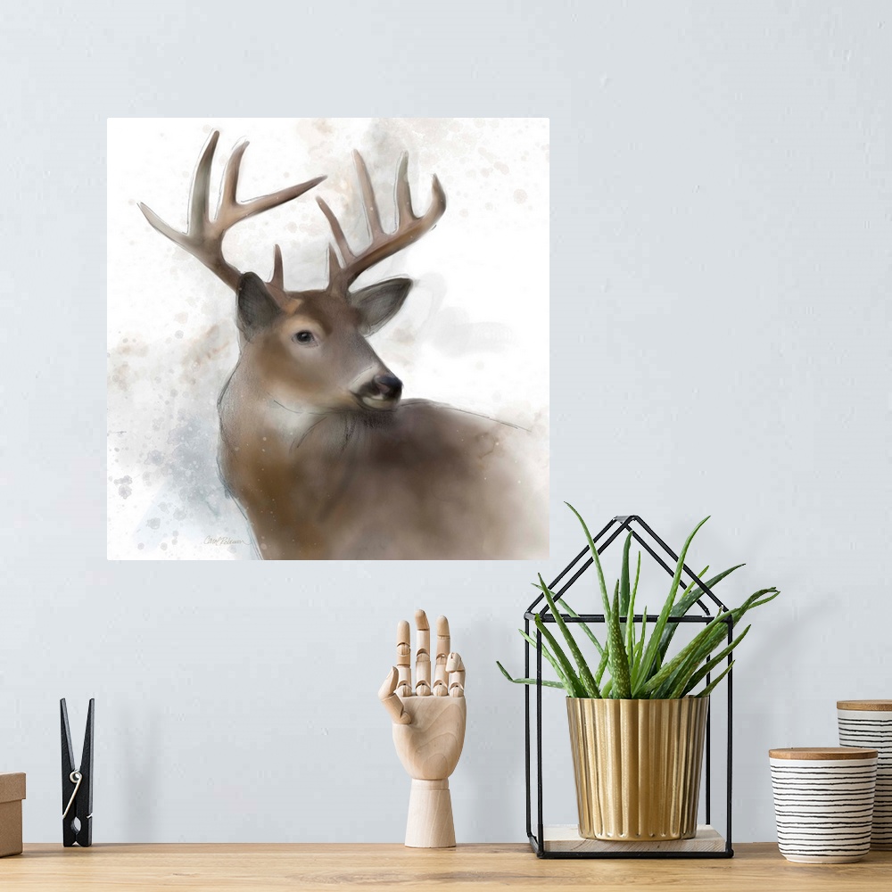 A bohemian room featuring Watercolor portrait of a stag on white.